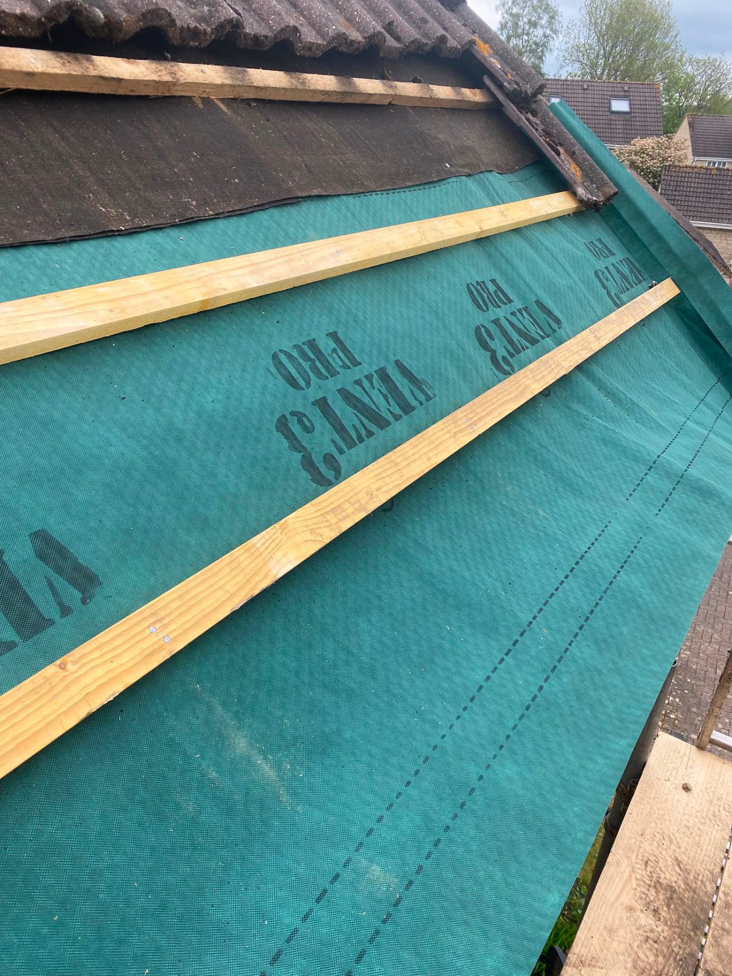 Treated roof battens fixed over breathable membrane on a Wiltshire roof