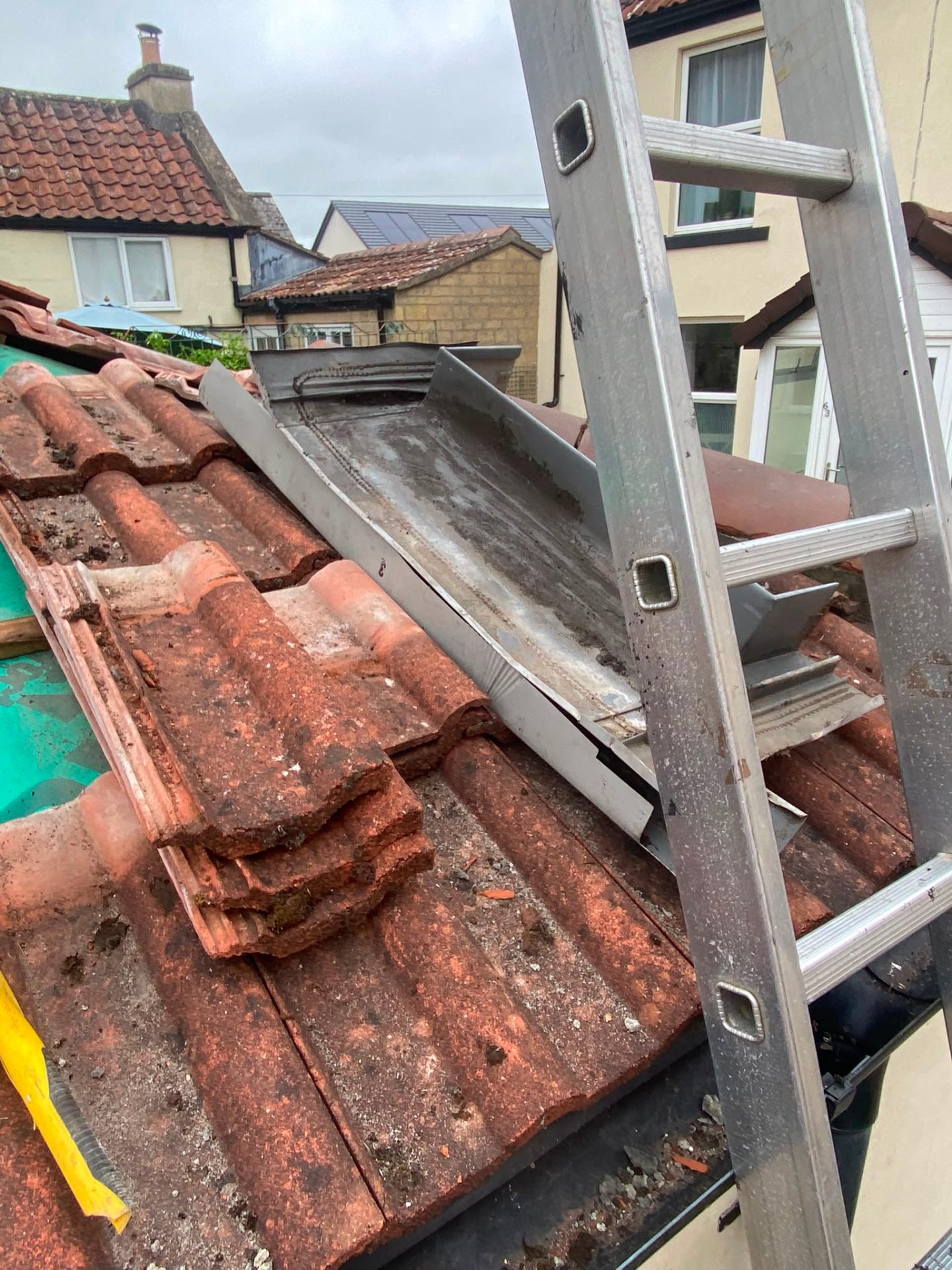 Roof valley strip with new membrane and battens exposed